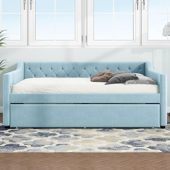 Full Size Velvet Upholstered Tufted Daybed with Twin-Size Trundle,Modern Wood Bed Frame w/Armrests,Slat Support,No Box Spring Needed,Daybeds for Apartment,Bedroom,Guest Room,Blue - LeafyLoom