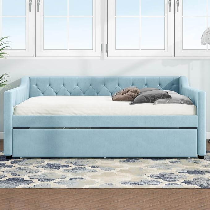 Full Size Velvet Upholstered Tufted Daybed with Twin-Size Trundle,Modern Wood Bed Frame w/Armrests,Slat Support,No Box Spring Needed,Daybeds for Apartment,Bedroom,Guest Room,Blue - LeafyLoom