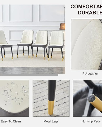 Modern Set of 4, Faux Leather Dining PU Upholstered Kitchen Chair with Black Golden Metal Legs for Home Living Room, Restaurant, 4 Piece, White+gray - LeafyLoom