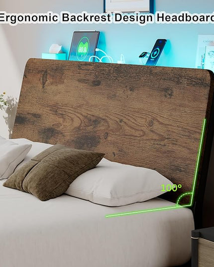 Feonase Queen Size Bed Frame with Ergonomic Storage Headboard & Charging Station, LED Platform Bed Frame, Heavy Duty Metal Slats, No Box Spring Needed, Easy Assembly, Rustic - LeafyLoom