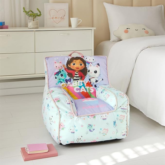 Idea Nuova Gabby's Dollhouse Kids Fabric Bean Bag Chair with Piping & Top Carry Handle, Large - LeafyLoom
