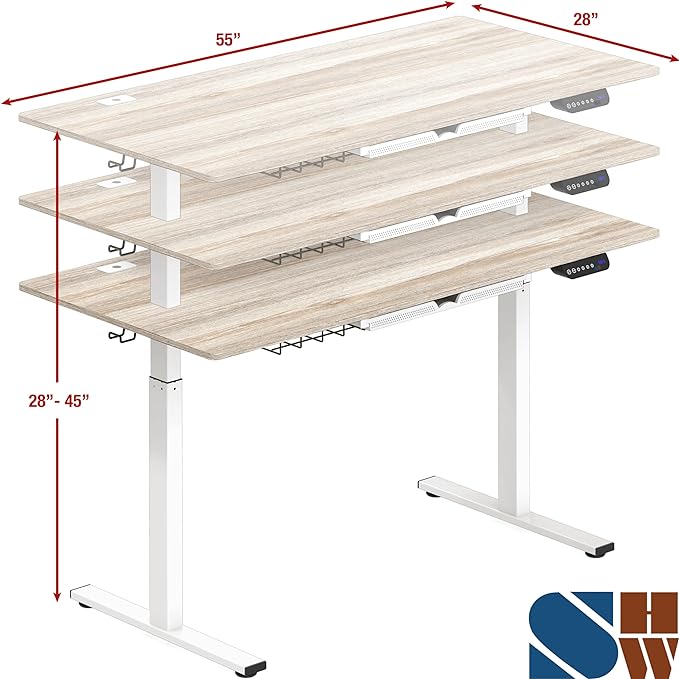 SHW 55-Inch Large Electric Height Adjustable Standing Desk, 55 x 28 Inches, Maple - LeafyLoom
