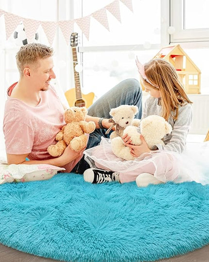 Blue Round Rug for Bedroom, Super Fluffy Circle Rugs for Baby Nursery, 4'X4' Feet Furry Carpet for Children Kids Room, Cute Soft Shaggy Rug for Girls Home Decor, Fuzzy Plush Carpets for Dorm - LeafyLoom