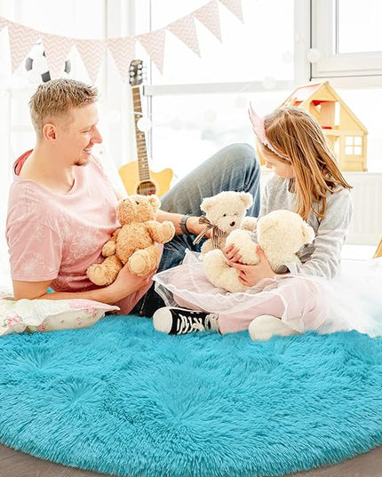 Blue Round Rug for Bedroom, Super Fluffy Circle Rugs for Baby Nursery, 5'X5' Feet Furry Carpet for Children Kids Room, Cute Soft Shaggy Rug for Girls Home Decor, Fuzzy Plush Carpets for Dorm - LeafyLoom