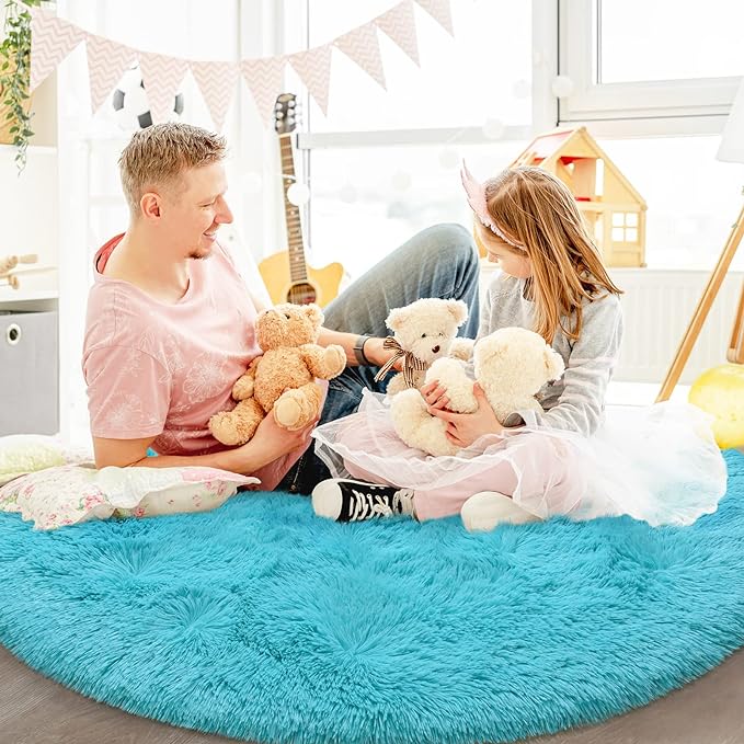 Blue Round Rug for Bedroom, Super Fluffy Circle Rugs for Baby Nursery, 5'X5' Feet Furry Carpet for Children Kids Room, Cute Soft Shaggy Rug for Girls Home Decor, Fuzzy Plush Carpets for Dorm - LeafyLoom