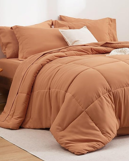 Bedsure Burnt Orange Queen Size Comforter Set - 7 Pieces Solid Queen Bed in a Bag, Queen Bed Set Burnt Orange with Quilted Warm Fluffy Comforters, Sheets, Pillowcases & Shams - LeafyLoom