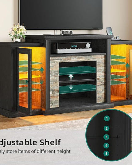 YITAHOME Modern TV Stand for up to 65 Inch TVs, Entertainment Center with LED Lights and Power Outlets, Farmhouse TV Cabinet Media Console Table with Glass Doors for Living Room, Black, 59 Inch - LeafyLoom