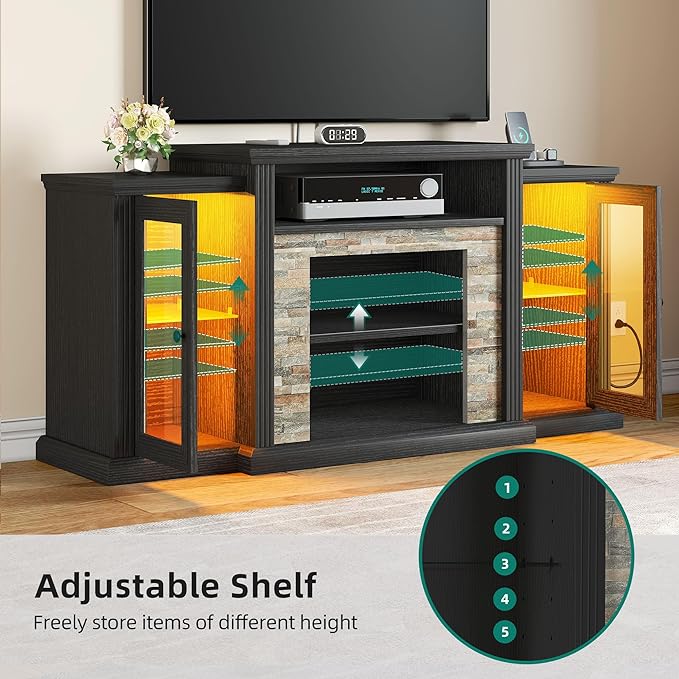 YITAHOME Modern TV Stand for up to 65 Inch TVs, Entertainment Center with LED Lights and Power Outlets, Farmhouse TV Cabinet Media Console Table with Glass Doors for Living Room, Black, 59 Inch - LeafyLoom