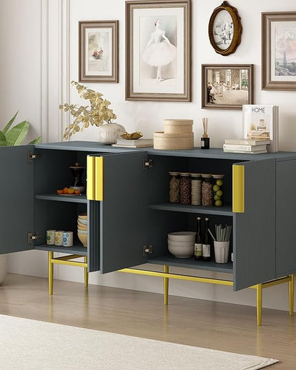 60" Modern 4-Door Elegant Sideboard with Gold Metal Handles and Legs,Storage Buffet Cabinet,W/Adjustable Shelves & Open Countertop,Console Table for Dining Living Room Hallway,Gray - LeafyLoom