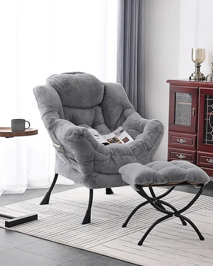 Welnow Lazy Chair with Ottoman, Modern Lounge Accent Chair with Armrests and a Side Pocket, Leisure Sofa Chair Set, Reading Chair with Footrest for Small Space, Corner Chair, Plush Grey - LeafyLoom