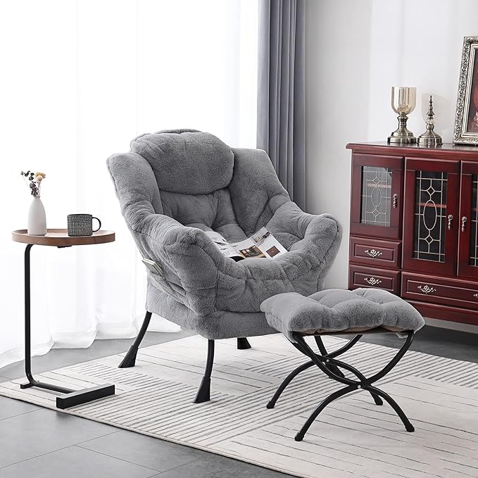 Welnow Lazy Chair with Ottoman, Modern Lounge Accent Chair with Armrests and a Side Pocket, Leisure Sofa Chair Set, Reading Chair with Footrest for Small Space, Corner Chair, Plush Grey - LeafyLoom