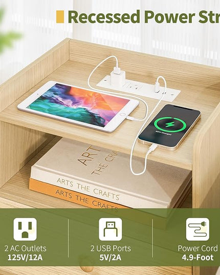Yoobure Nightstand with Charging Station, Modern Night Stand with LED Lights, Wood Nightstands with Fabric Drawer & Storage Shelf, Night Stands Bedside Table with USB Ports for Bedroom, Office, Home - LeafyLoom