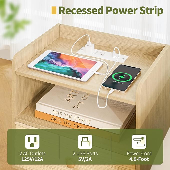 Yoobure Nightstand with Charging Station, Modern Night Stand with LED Lights, Wood Nightstands with Fabric Drawer & Storage Shelf, Night Stands Bedside Table with USB Ports for Bedroom, Office, Home - LeafyLoom