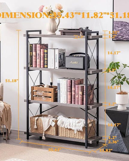 HCHQHS Bookshelf, 4-Tier Industrial Bookcase, Rustic Open Book Shelf, Freestanding Tall Bookshelves with Metal Frame - LeafyLoom