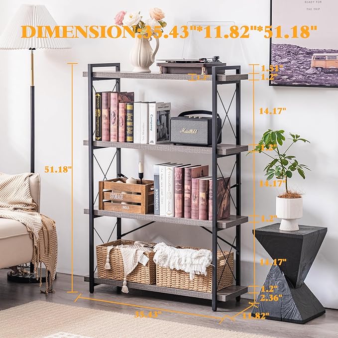 HCHQHS Bookshelf, 4-Tier Industrial Bookcase, Rustic Open Book Shelf, Freestanding Tall Bookshelves with Metal Frame - LeafyLoom
