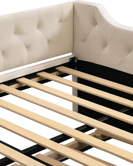 Full Size Velvet Upholstered Tufted Daybed with Twin-Size Trundle,Modern Wood Bed Frame w/Armrests,Slat Support,No Box Spring Needed,Daybeds for Apartment,Bedroom,Guest Room,Beige - LeafyLoom