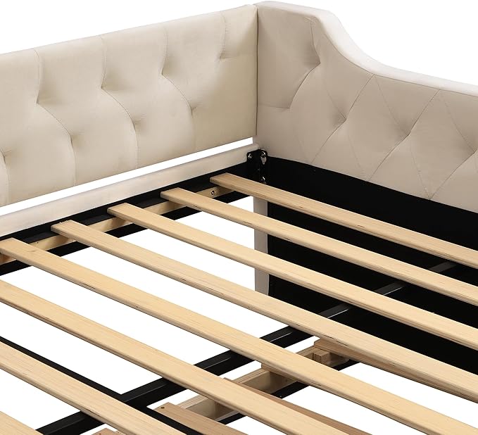 Full Size Velvet Upholstered Tufted Daybed with Twin-Size Trundle,Modern Wood Bed Frame w/Armrests,Slat Support,No Box Spring Needed,Daybeds for Apartment,Bedroom,Guest Room,Beige - LeafyLoom