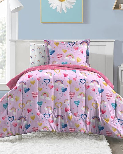 Dream Factory Kids 5-Piece Complete Bed Set Easy-Wash Super Soft Microfiber Comforter Bedding, Twin, Lilac Balloon Hearts - LeafyLoom