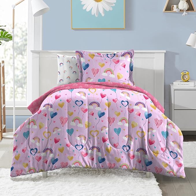 Dream Factory Kids 5-Piece Complete Bed Set Easy-Wash Super Soft Microfiber Comforter Bedding, Twin, Lilac Balloon Hearts - LeafyLoom