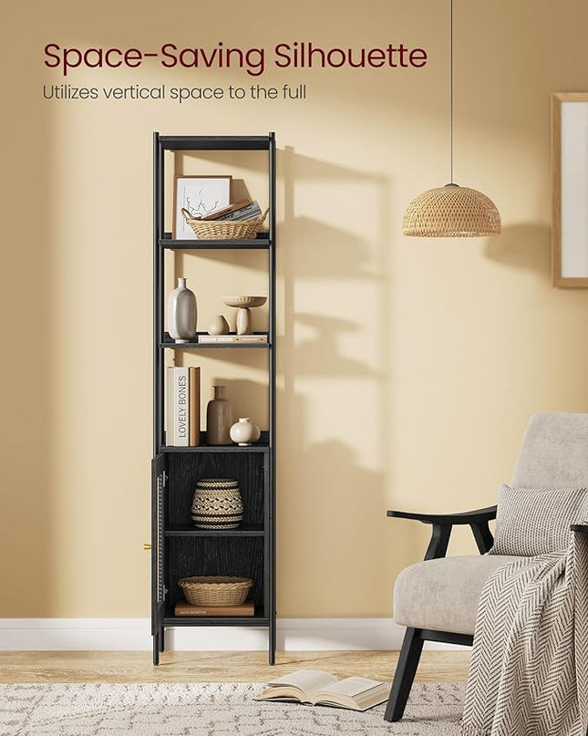 VASAGLE 6-Tier Bookcase, Bookshelf with Rattan-Like Door, Boho Style, Freestanding 15.7-Inch Wide Storage Shelf, Metal Frame, Adjustable Shelf, for Living Room, Ebony Black and Matte Black ULLS122B56 - LeafyLoom