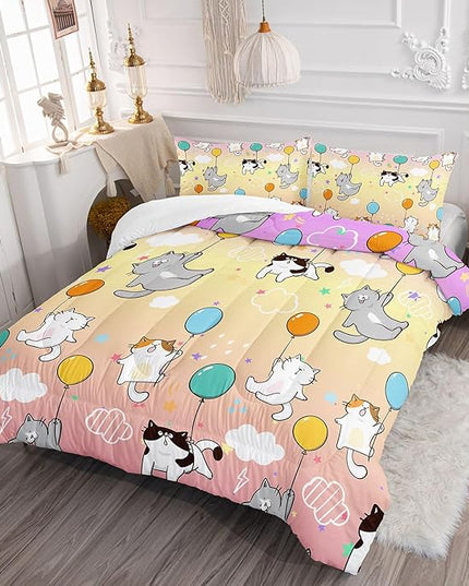 Datura home Kids Comforter Set Cute Cats Printed Pattern Bedding Set with 1 Comforter and 2 Pillowcases for Girls Boys Bedroom All Season(Cat1 Twin) - LeafyLoom