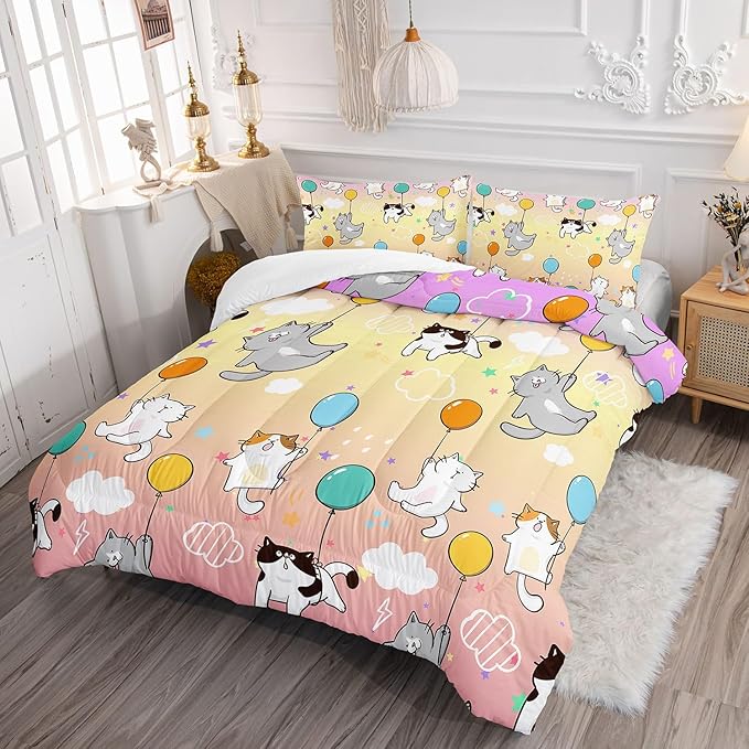 Datura home Kids Comforter Set Cute Cats Printed Pattern Bedding Set with 1 Comforter and 2 Pillowcases for Girls Boys Bedroom All Season(Cat1 Twin) - LeafyLoom