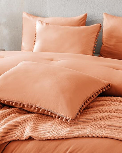 Litanika Queen Size Comforter Set Coral,3 Pieces Coral Boho Pom Pom Lightweight Bed Comforter, All Season Soft Solid Color Bedding Comforter Sets (1 Comforter 90x90 Inch, 2 Pillowcases) - LeafyLoom