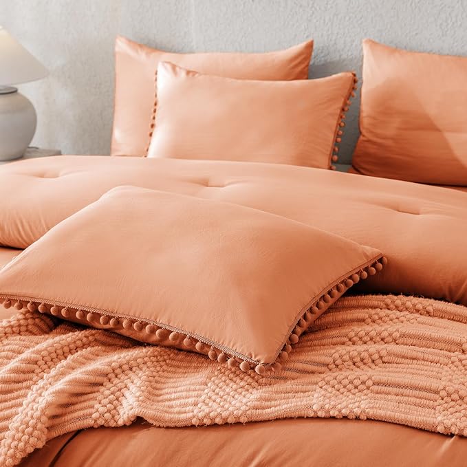 Litanika Queen Size Comforter Set Coral,3 Pieces Coral Boho Pom Pom Lightweight Bed Comforter, All Season Soft Solid Color Bedding Comforter Sets (1 Comforter 90x90 Inch, 2 Pillowcases) - LeafyLoom