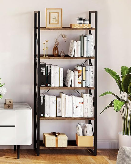 YITAHOME 5-Tier Bookshelf, Freestanding Book Shelf, Industrial Minimalist Open Display Storage Book Shelves Standing Shelving Unit for Living Room Bedroom Home Office, Rustic Brown - LeafyLoom