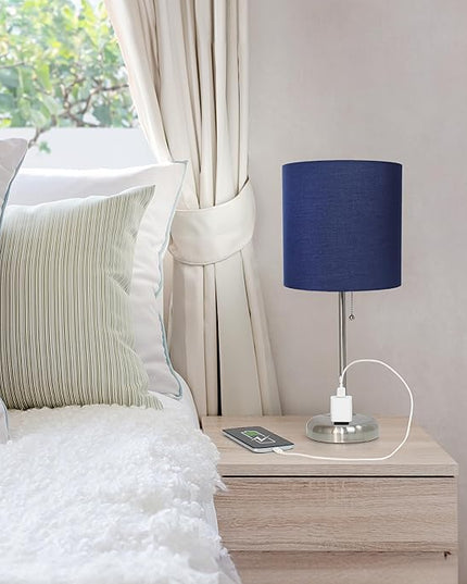 Simple Designs LT1144-NAV Sleek and Slender Brushed Steel Table Lamp with Charging Outlet, for Bedroom, Living Room, Entryway, Office, Dining Room, Study, Navy Blue Shade - LeafyLoom