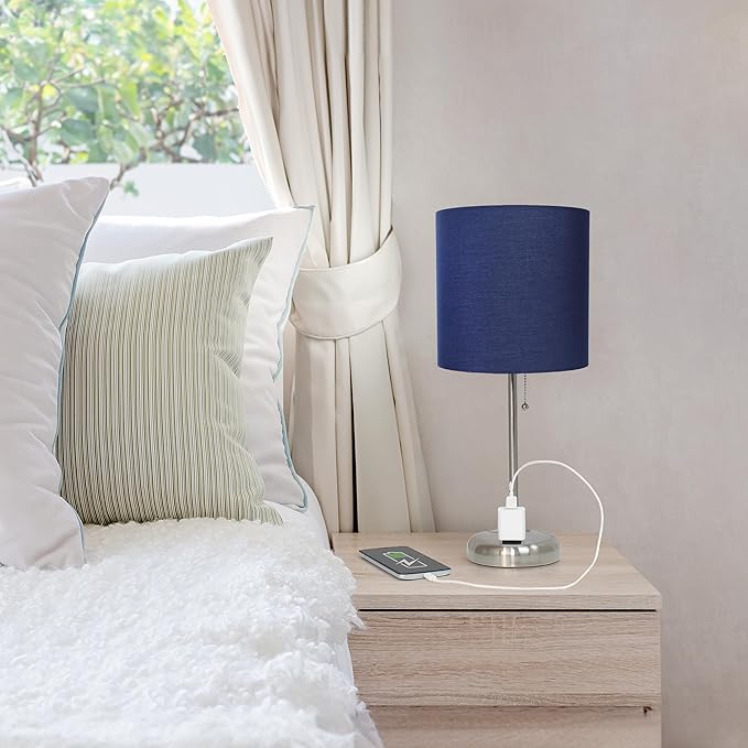 Simple Designs LT1144-NAV Sleek and Slender Brushed Steel Table Lamp with Charging Outlet, for Bedroom, Living Room, Entryway, Office, Dining Room, Study, Navy Blue Shade - LeafyLoom
