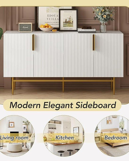 60" Modern 4-Door Elegant Sideboard with Gold Metal Handles and Legs,Storage Buffet Cabinet,W/Adjustable Shelves & Open Countertop,Console Table for Dining Living Room Hallway,White - LeafyLoom