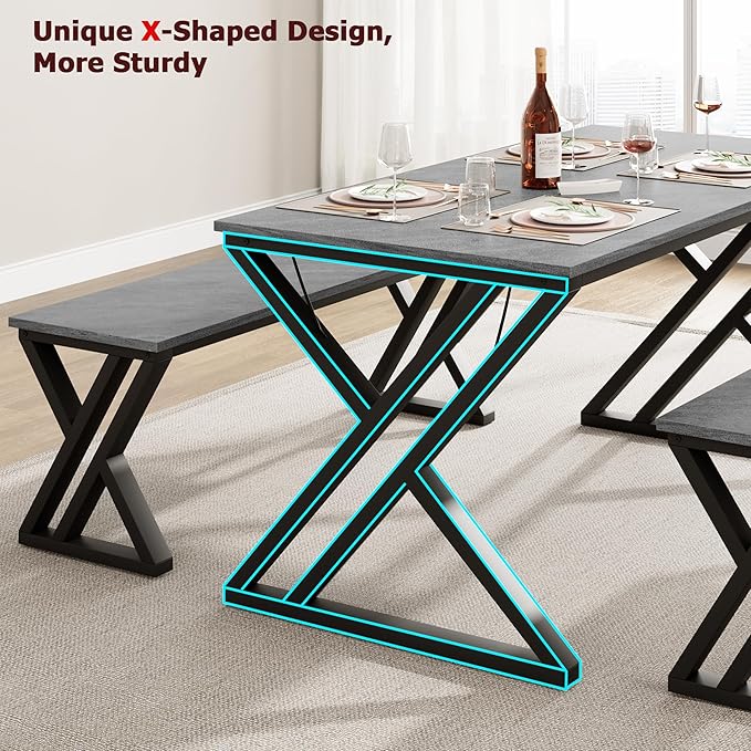 IDEALHOUSE Kitchen Table with Benches, Dining Table Benches Set for 4, Rectangular Kitchen Table Set with Sturdy Metal Frame, Saving Space for Kitchen, Dining Room, Apartment, Gray, 44.8" - LeafyLoom