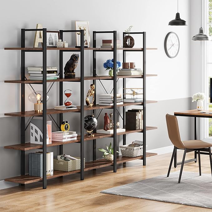 Tribesigns 5-Tier Bookshelf, Vintage Industrial Style Bookcase 72 H x 12 W x 47L Inches, Retro Brown - LeafyLoom