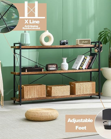 HCHQHS Bookshelf, 3-Tier Long Industrial Bookcase, Rustic Open Book Shelf, Freestanding Horizontal Bookshelves with Metal Frame - LeafyLoom