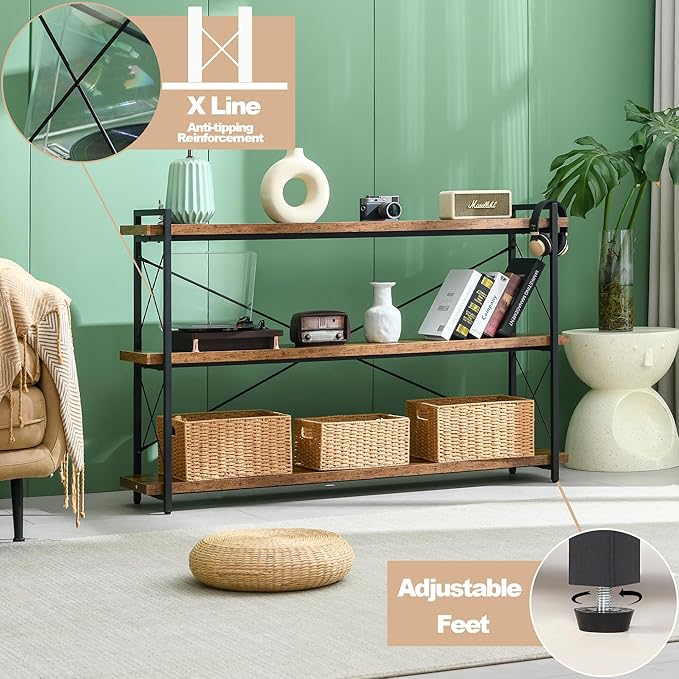 HCHQHS Bookshelf, 3-Tier Long Industrial Bookcase, Rustic Open Book Shelf, Freestanding Horizontal Bookshelves with Metal Frame - LeafyLoom