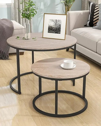 Industrial Round Coffee Table Set of 2 End Table for Living Room,Stacking Side Tables, Sturdy and Easy Assembly,Wood Look Accent Furniture with Metal Frame,Black+Teak Oak - LeafyLoom