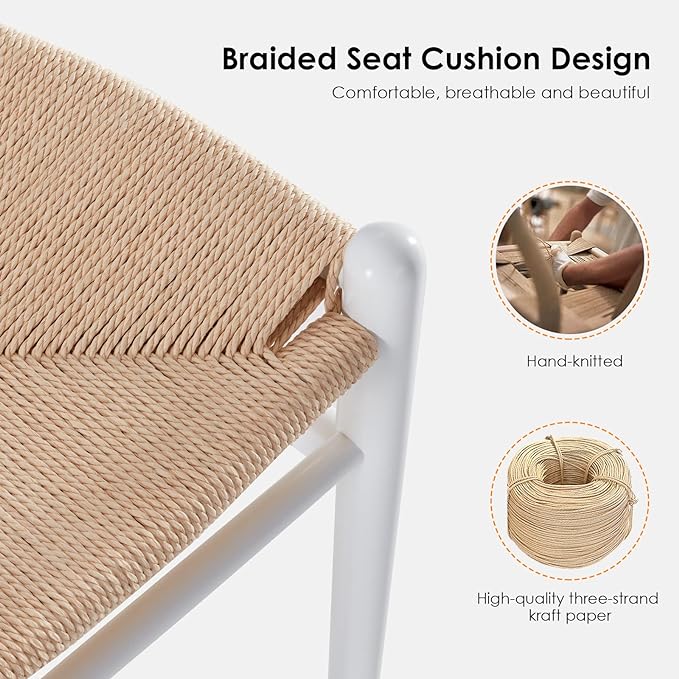 Farini Rattan Chairs for Dining Room Wishbone Chair Solid Wood Armchairs Y Shaped Backrest Hemp Seat for Home Restaurant Fully-Assembled(Set of 2,White-Beige Seat) - LeafyLoom