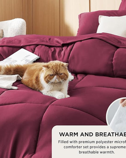 Bedsure Burgundy Queen Comforter Set - 7 Pieces Solid Queen Bed in a Bag, Queen Bed Set Burgundy with Comforters, Sheets, Pillowcases & Shams - LeafyLoom