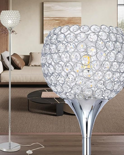 Spherical Crystal Floor Lamp, Silver 8.7 in Shade Elegant Standing Light with Crystal Lamp Shade for Living Room, Bedroom, Office, Modern Chrome 61 in Tall Pole Lighting, E26 Base, LED Bulb Included - LeafyLoom