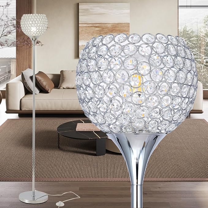 Spherical Crystal Floor Lamp, Silver 8.7 in Shade Elegant Standing Light with Crystal Lamp Shade for Living Room, Bedroom, Office, Modern Chrome 61 in Tall Pole Lighting, E26 Base, LED Bulb Included - LeafyLoom