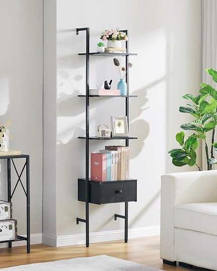 Tajsoon Ladder Shelf, Tall Bookcase with Storage Drawers, 4-Tier Wood Wall Mounted Bookshelf, Open Display Rack, Storage Shelves for Bedroom, Home Office, Collection, Plant Flower, Black - LeafyLoom