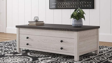 Signature Design by Ashley Dorrinson Farmhouse Lift Top Coffee Table with Storage, Antique White & Brown - LeafyLoom