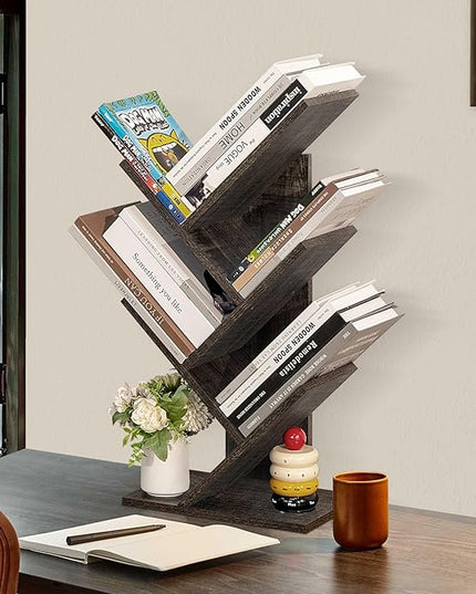 5 Tier Tree Book Shelf, Small Desktop Bookshelf with Storage Organizer, Wood Bookcase, Desk Display Bookshelves, Floor Standing Organizer Bookcases for Living Room,Bedroom,Office-Dark Grey - LeafyLoom
