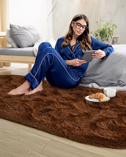 Noahas Ultra Soft Fluffy Bedroom Rugs,2.6' X 5.3' Oval Coffee Fluffy Rugs for Bedroom,Small Throw Rugs, Kids Room Carpet Modern Shaggy Area Rugs Home Decor - LeafyLoom