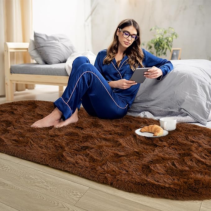 Noahas Ultra Soft Fluffy Bedroom Rugs,2.6' X 5.3' Oval Coffee Fluffy Rugs for Bedroom,Small Throw Rugs, Kids Room Carpet Modern Shaggy Area Rugs Home Decor - LeafyLoom