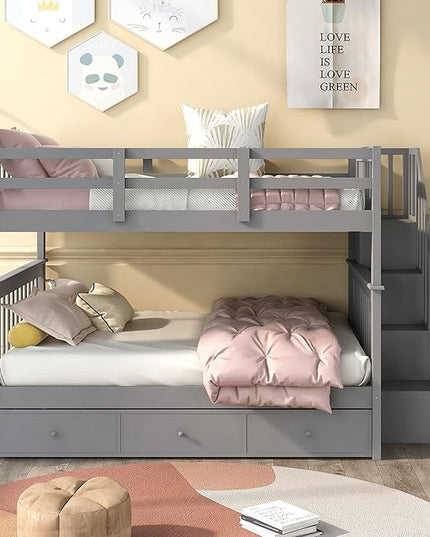 Full Over Full Bunk Bed with Stairs Storage and 3 Drawers, Wooden Stairway Bunkbeds, can be Divided into two Platform Bedframe, for Kids Teens Adults Bedroom, Gray - LeafyLoom