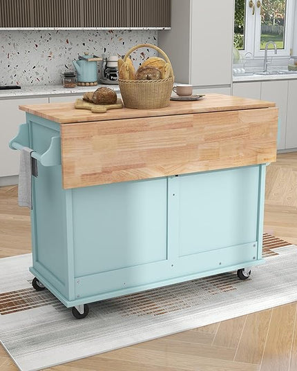 Kitchen Island with Storage, Rolling Table on Wheels w/Storage Cabinet and 2 Drawers for Dinning Room, Rubber Wood Contertop - LeafyLoom