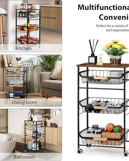HEOMU 4 Tier Rolling Kitchen Storage Cart, Metal Microwave Stand Kitchen Island Cart on Wheels with Storage for Kitchen, Bathroom, Living Room, Bar, Office, Rustic Brown - LeafyLoom