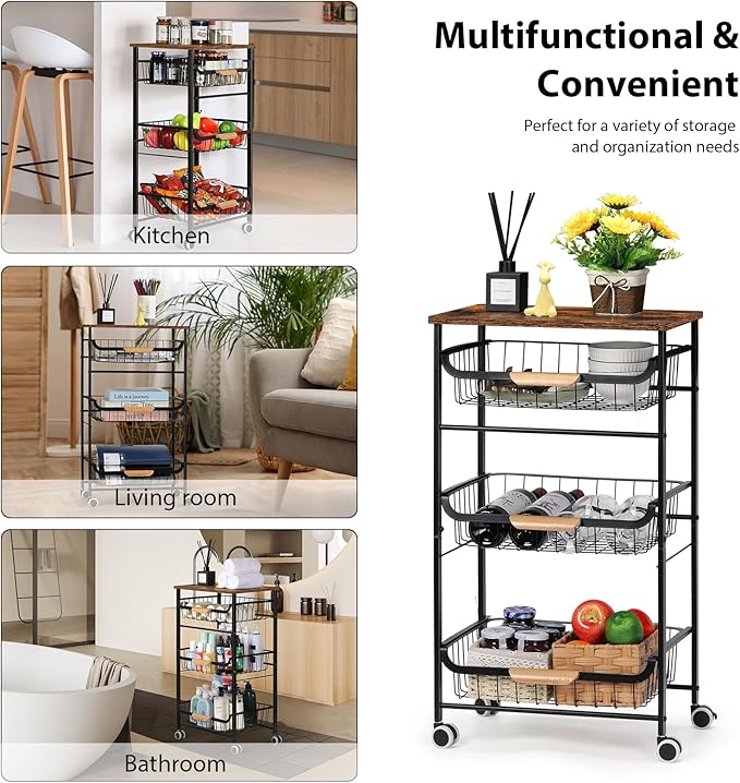 HEOMU 4 Tier Rolling Kitchen Storage Cart, Metal Microwave Stand Kitchen Island Cart on Wheels with Storage for Kitchen, Bathroom, Living Room, Bar, Office, Rustic Brown - LeafyLoom